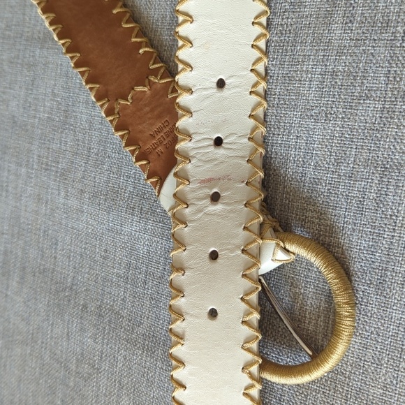 Leather Sequin Stone Embroidered Western Style Belt Cream Gold Stitching W's M - Picture 9 of 14